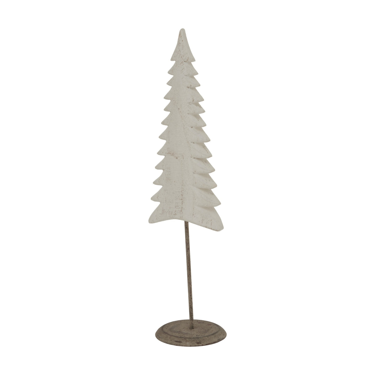 Hill Interiors Tall Metal Tree on Stand in white, a slender tiered fir shape with whitewashed finish on a small round base, shown against a plain background.