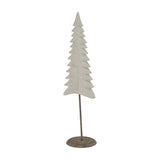 Hill Interiors Tall Metal Tree on Stand in white, a slender tiered fir shape with whitewashed finish on a small round base, shown against a plain background.