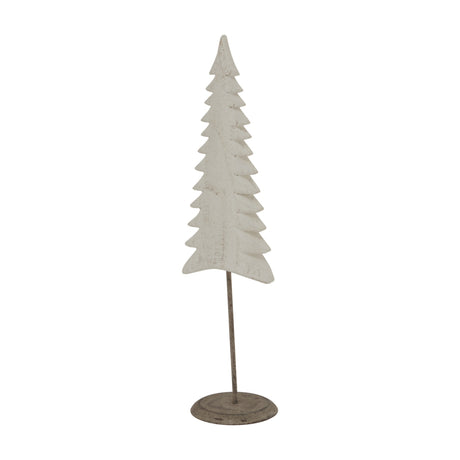 Hill Interiors Tall Metal Tree on Stand in white, a slender tiered fir shape with whitewashed finish on a small round base, shown against a plain background.