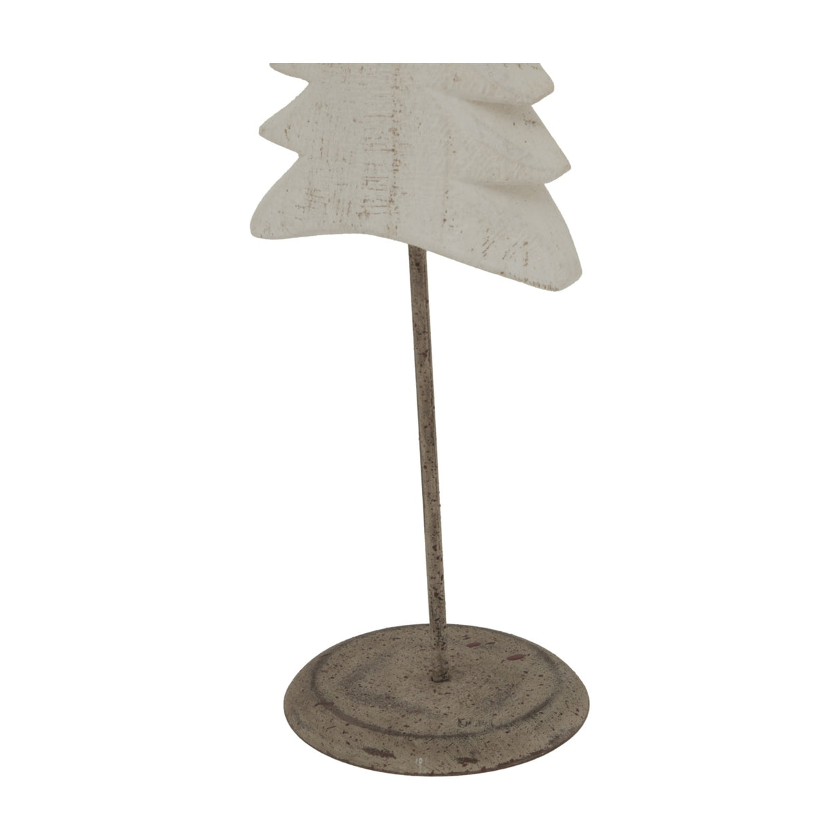 Hill Interiors Tall Metal Tree on Stand in white, showing the tiered fir shape with whitewashed finish and slim metal rod on a small round base.