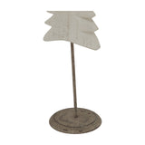 Hill Interiors Tall Metal Tree on Stand in white, showing the tiered fir shape with whitewashed finish and slim metal rod on a small round base.