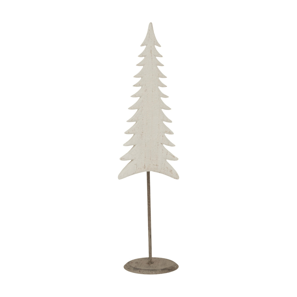 Hill Interiors Tall Metal Tree On Stand in white, a slim layered tree silhouette with whitewashed finish on a rounded grey base, shown on a plain background.