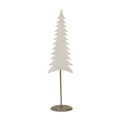 Hill Interiors Tall Metal Tree On Stand in white, a slim layered tree silhouette with whitewashed finish on a rounded grey base, shown on a plain background.