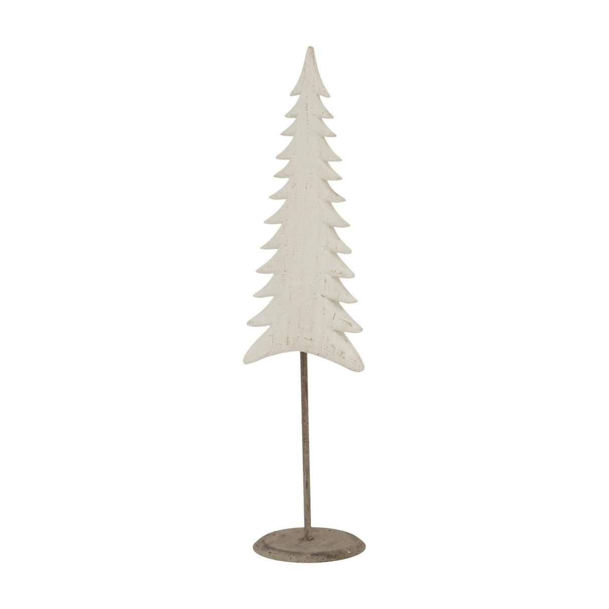 Hill Interiors Tall Metal Tree On Stand in white, a slim layered tree silhouette with whitewashed finish on a round metal base, shown on a plain background.
