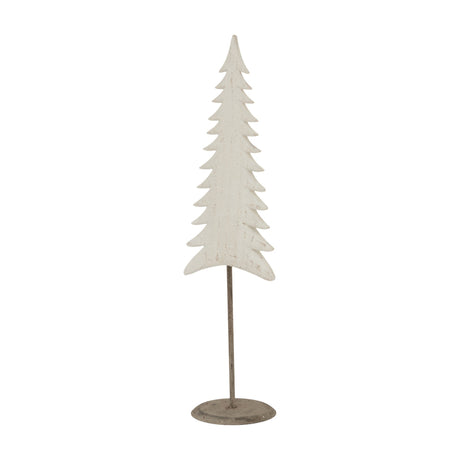 Hill Interiors Tall Metal Tree On Stand in white, a slim layered tree silhouette with whitewashed finish on a round metal base, shown on a plain background.