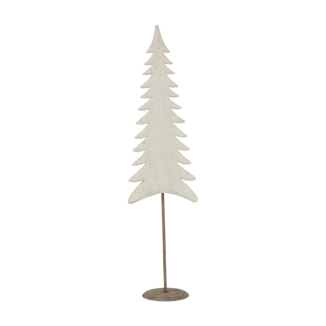 Hill Interiors Large Tall Tree on Stand in white, a slender metal fir-shaped decoration with weathered finish on a round base, shown against a plain background.