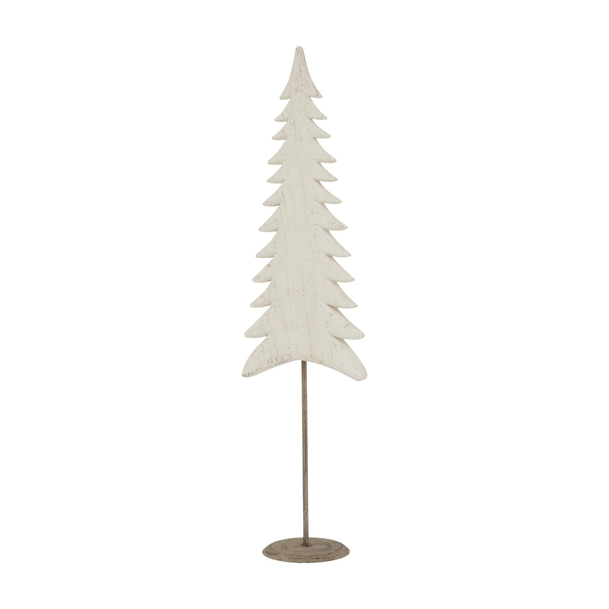 Hill Interiors Large Tall Tree on Stand in white, a slender metal fir shape with weathered finish on a round base, shown against a plain background.