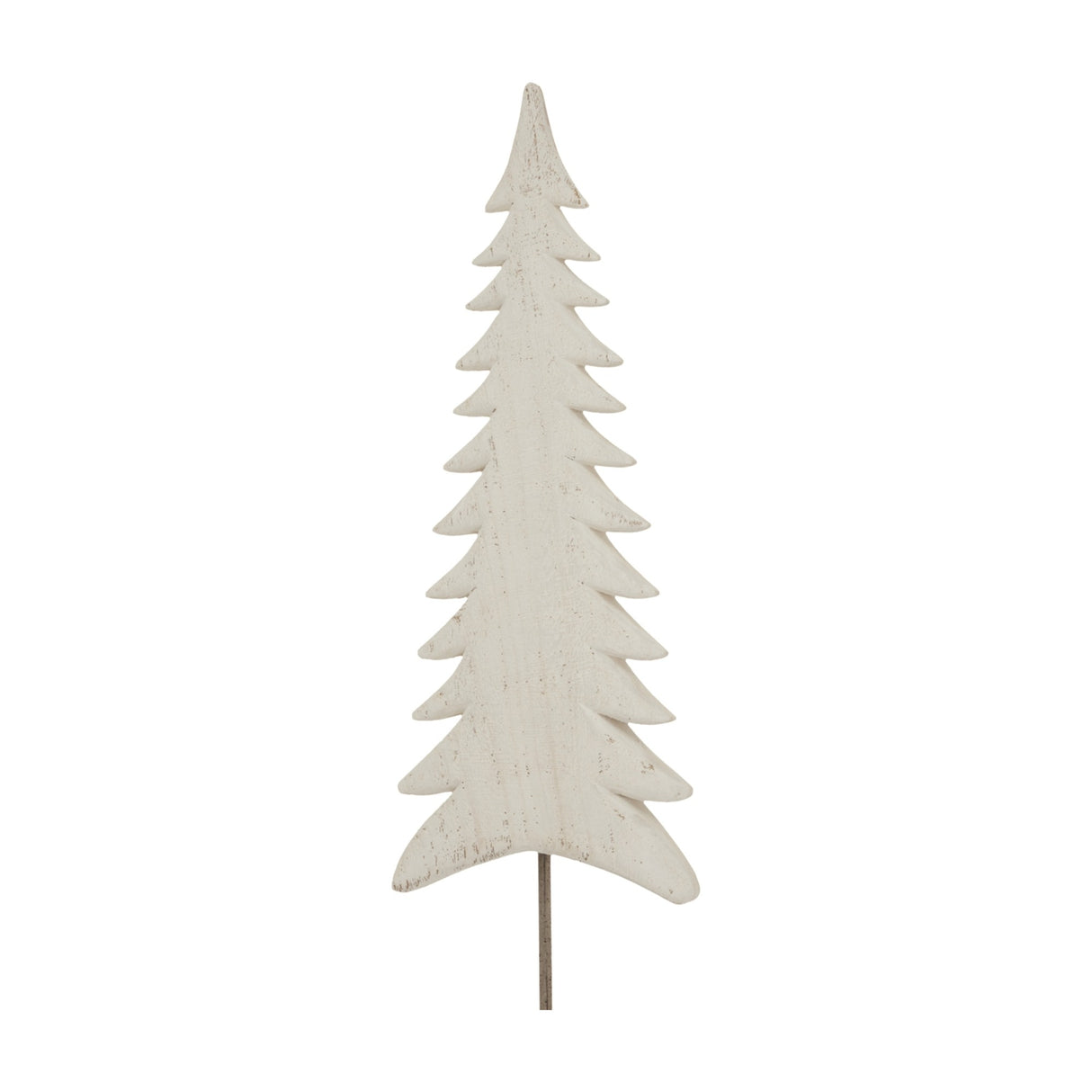 Hill Interiors Large Tall Tree on Stand in white, a slender metal faux fir tree with a weathered finish mounted on a thin rod, shown on a white background.