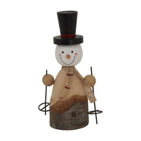 Hill Interiors rustic snowman figure with black top hat, hessian scarf and metal ski poles on a wood-effect body, shown against a plain white background.