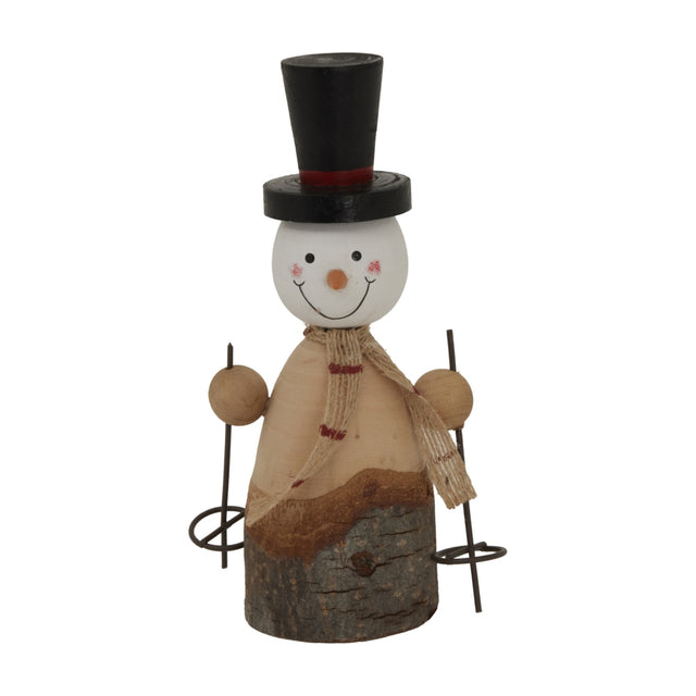 Hill Interiors rustic snowman figure with black top hat, hessian scarf and metal ski poles on a wood-effect body, shown against a plain white background.