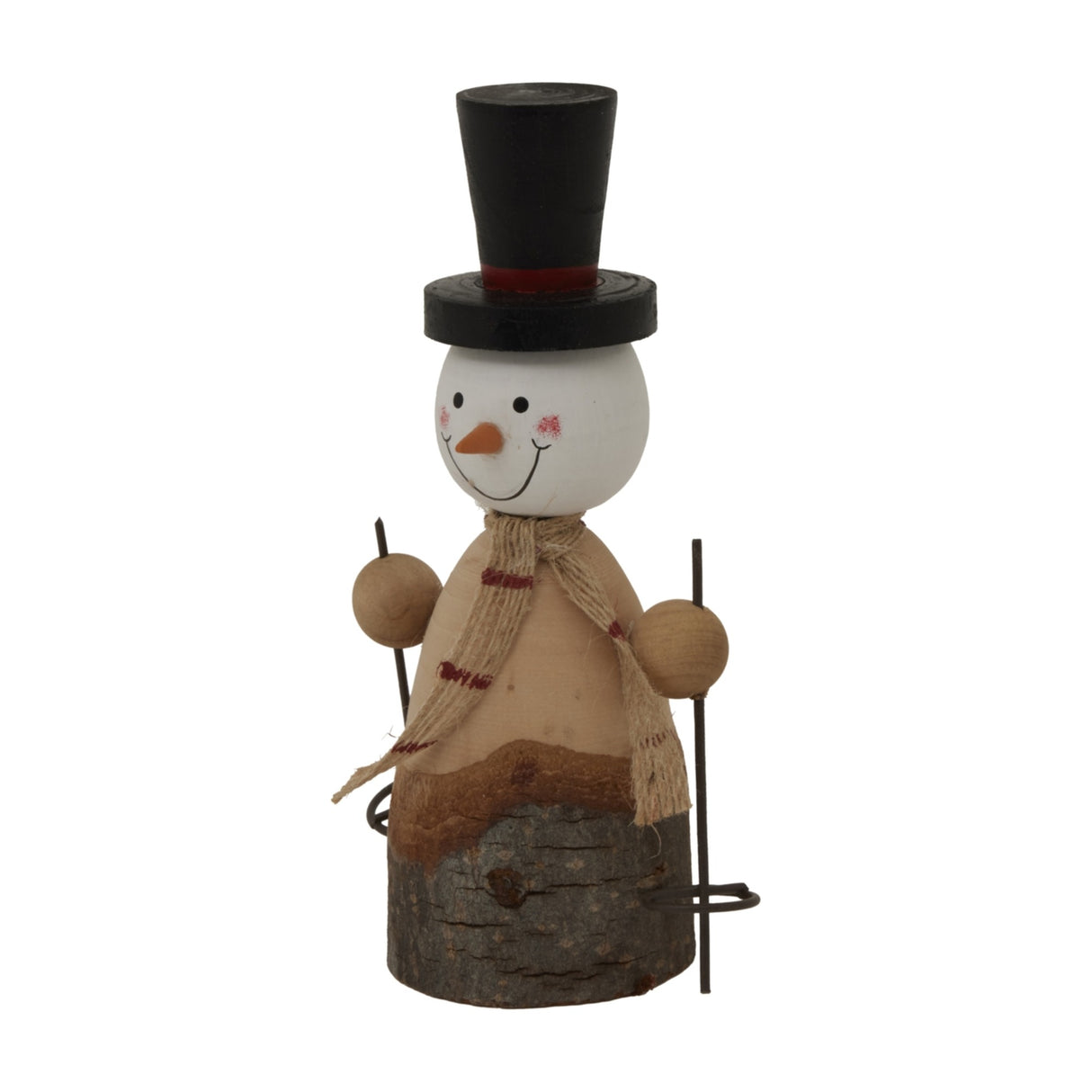 Hill Interiors rustic snowman figure with black top hat, hessian scarf and ski poles, set on a log base against a plain white background.