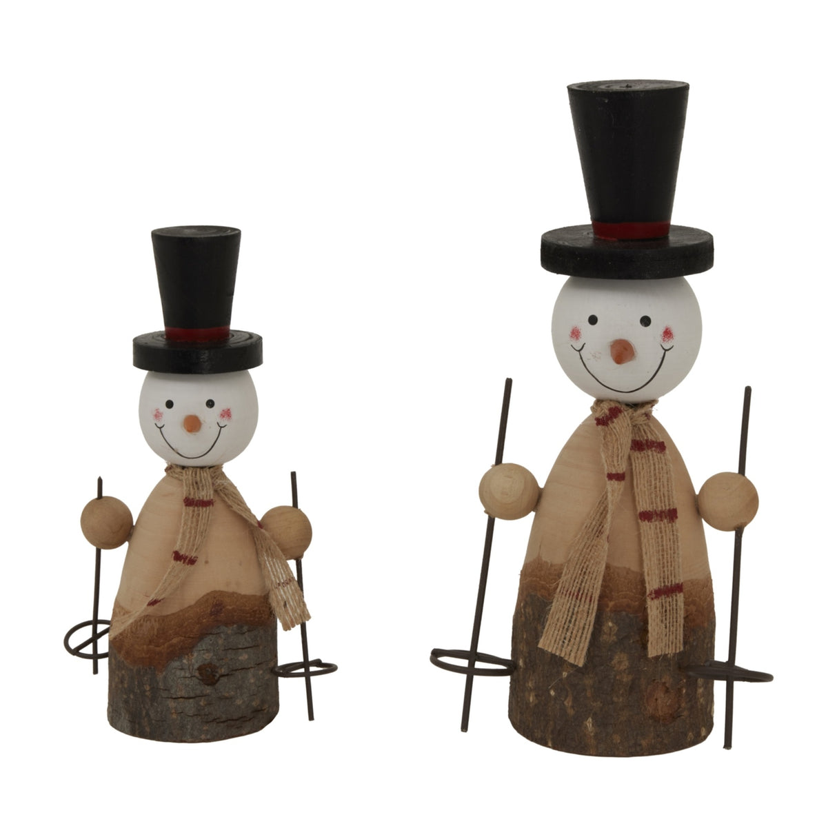 Hill Interiors rustic metal snowman figures in brown with black top hats, hessian scarves and ski poles, shown on a plain white background.