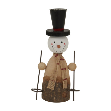 Hill Interiors rustic snowman figure with black top hat, burlap scarf and ski poles on a natural wood base, shown against a plain white background.
