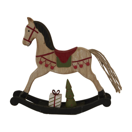 Hill Interiors Rustic Decorated Wooden Rocking Horse in brown with red saddle detail, black rockers, mini gift and Christmas tree, on a plain background.