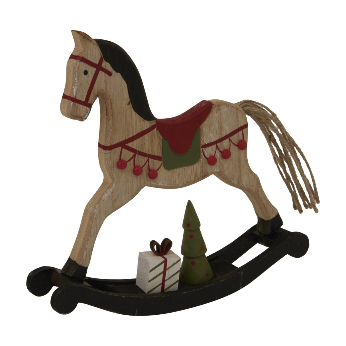 Hill Interiors rustic wooden rocking horse in brown with red saddle, painted trim, rope tail, black base, and small gift and green tree accents.