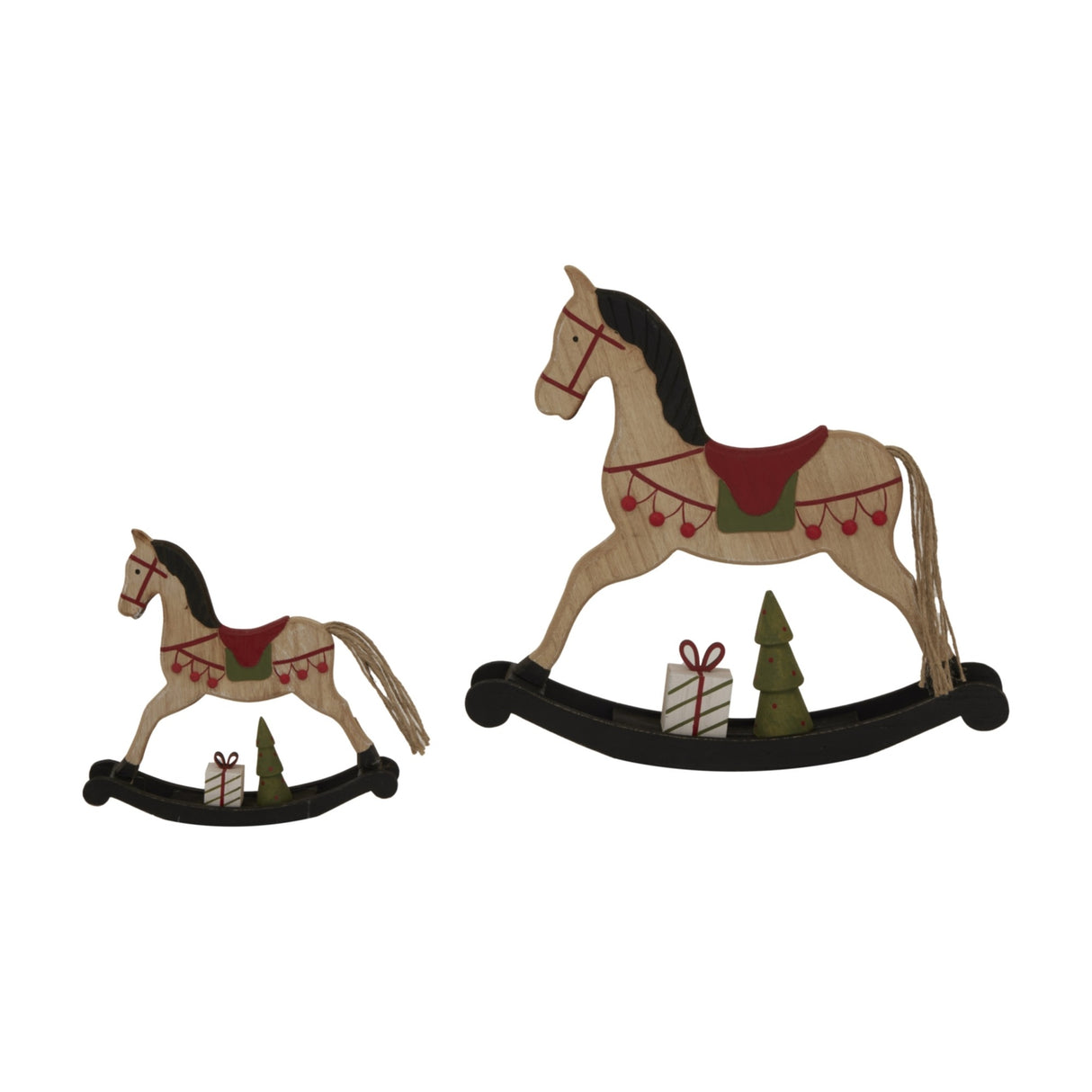 Hill Interiors Rustic Decorated Wooden Rocking Horses in brown with red saddles, black rockers and mini gift and tree accents, shown in two sizes.