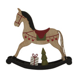 Hill Interiors large rustic wooden rocking horse decoration in brown with black mane and base, red saddle, gift and green tree accents on a white background.