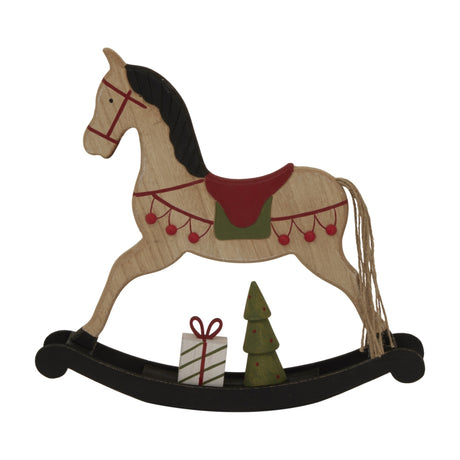 Hill Interiors large rustic wooden rocking horse decoration in brown with black mane and base, red saddle, gift and green tree accents on a white background.