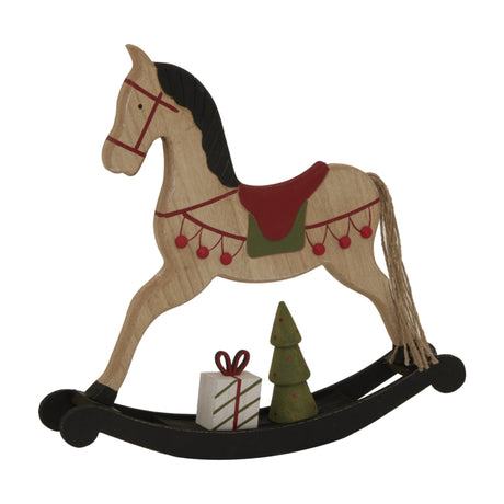 Hill Interiors large rustic wooden rocking horse with red saddle, black mane and curved base, shown with a small gift box and green tree.