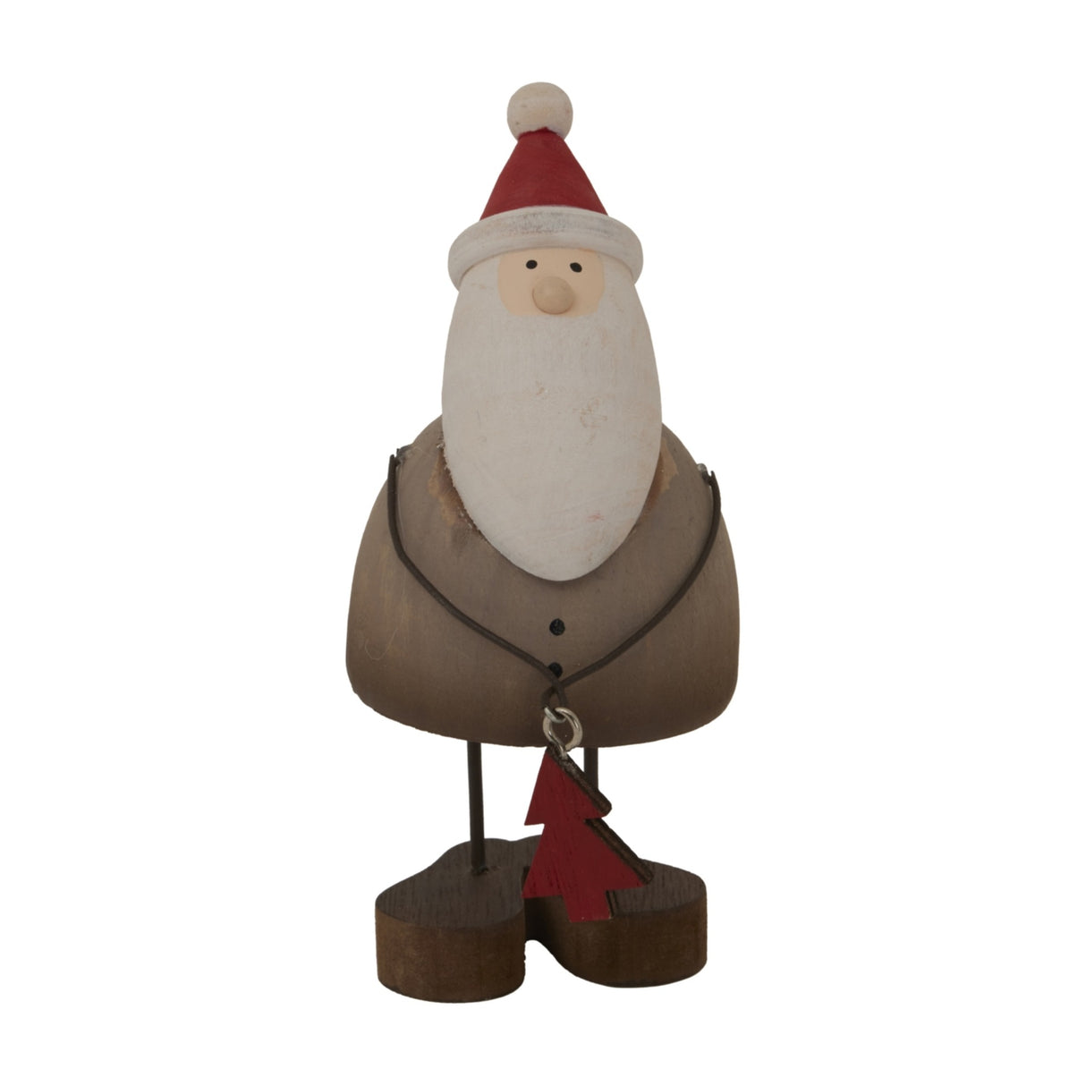 Hill Interiors Rustic Santa With Tree metal decoration in brown with red hat, white beard and small red tree, shown on a plain white background.