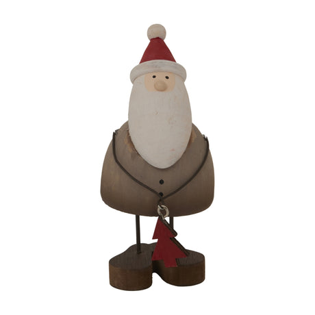 Hill Interiors Rustic Santa With Tree metal decoration in brown with red hat, white beard and small red tree, shown on a plain white background.