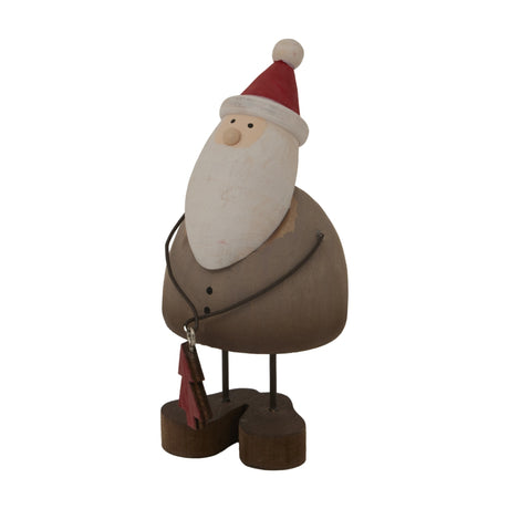 Hill Interiors Rustic Santa With Tree metal Christmas decoration in brown, with red hat, white beard and small tree, shown on a plain white background.