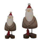 Two Hill Interiors Rustic Santa metal decorations in brown with white beards, red hats and small red trees, shown in two sizes on a plain background.