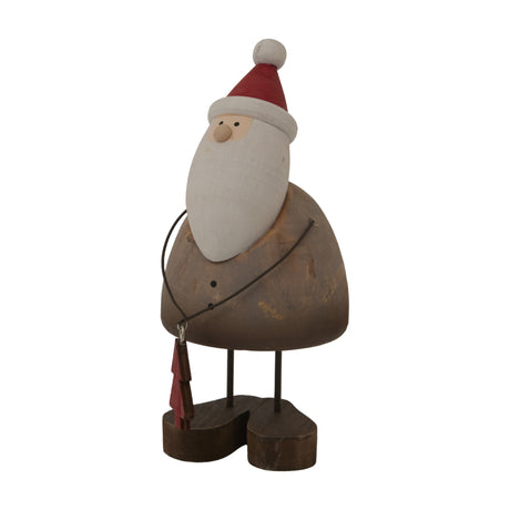 Hill Interiors rustic metal Santa figure in brown with red hat, white beard and small red tree, standing on a plain white background.