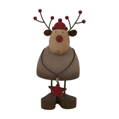 Hill Interiors rustic reindeer figure in brown with red bobble hat, berry-tipped antlers and a hanging red star, shown on a plain white background.