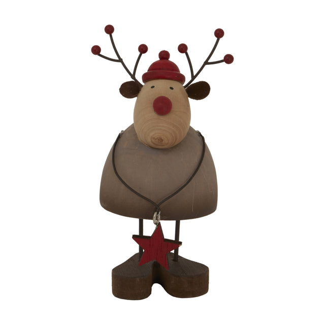 Hill Interiors rustic reindeer figure in brown with red bobble hat, berry-tipped antlers and a hanging red star, shown on a plain white background.