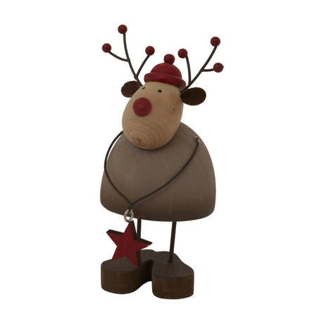 Hill Interiors rustic reindeer figure in brown with red hat, nose, berry-tipped antlers and a hanging red star, standing on a plain white background.