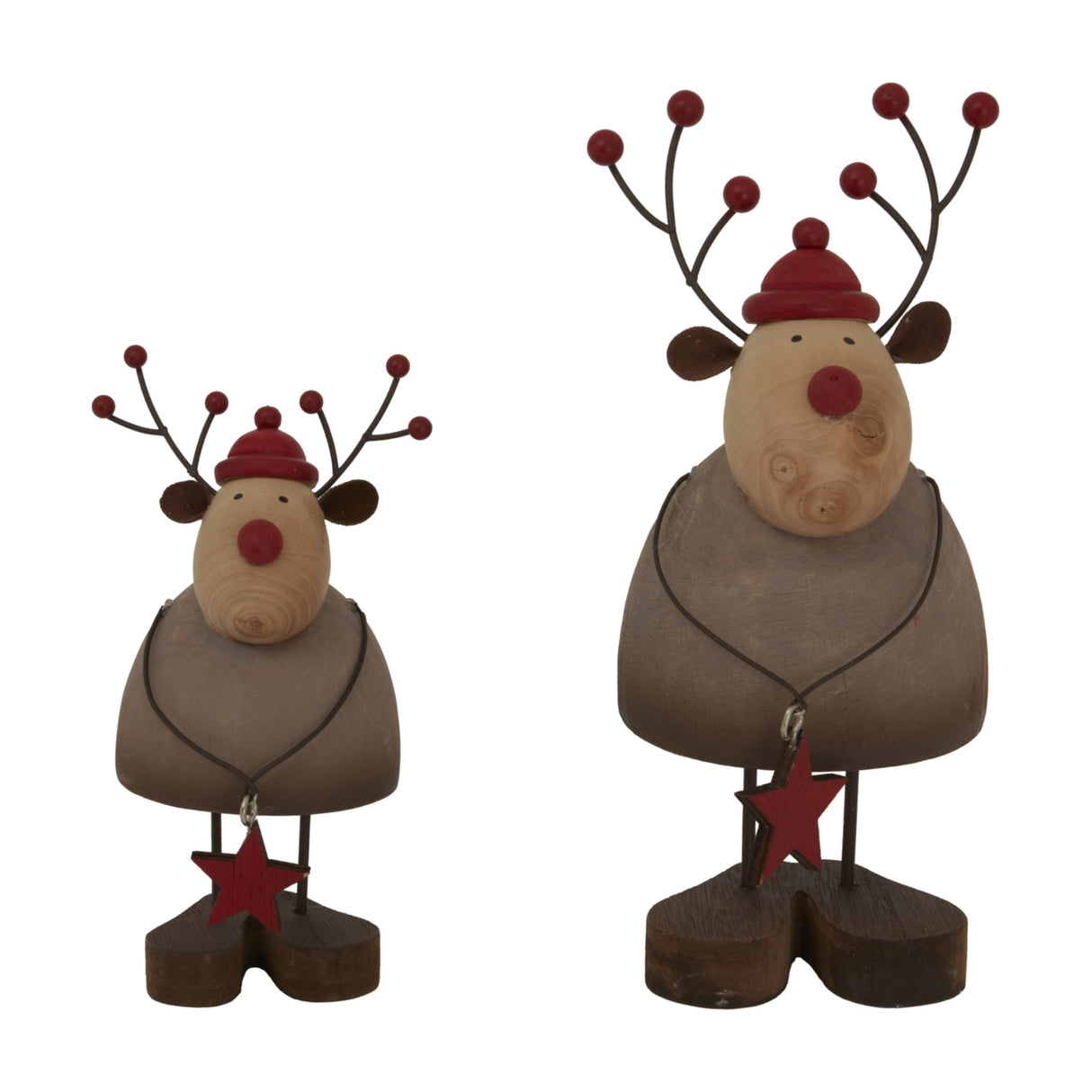 Hill Interiors Rustic Metal Reindeer decorations in brown with red hats, berry antlers and star detail, shown in two sizes on a white background.