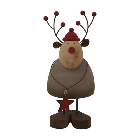 Hill Interiors Large Rustic Reindeer decoration in brown with red hat, nose, wire antlers with red berry tips, and a hanging red star.