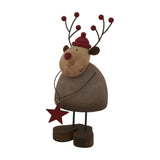 Hill Interiors Large Rustic Reindeer decoration in brown with red hat, berry antlers and hanging red star, on a plain white background.