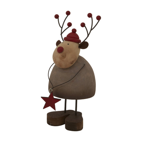 Hill Interiors Large Rustic Reindeer decoration in brown with red hat, berry antlers and hanging red star, on a plain white background.
