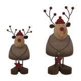 Hill Interiors rustic reindeer decorations in two sizes with brown bodies, red hats, berry-tipped antlers and small red star pendants on a white background.