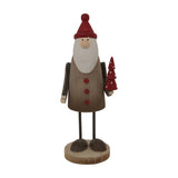 Hill Interiors rustic 18cm Santa figure with red pointed hat, white beard, brown body with red buttons, holding a red spotted tree, on a round wooden base.