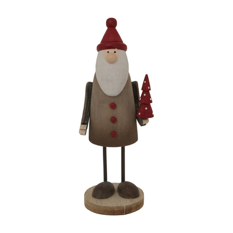 Hill Interiors rustic 18cm Santa figure with red pointed hat, white beard, brown body with red buttons, holding a red spotted tree, on a round wooden base.