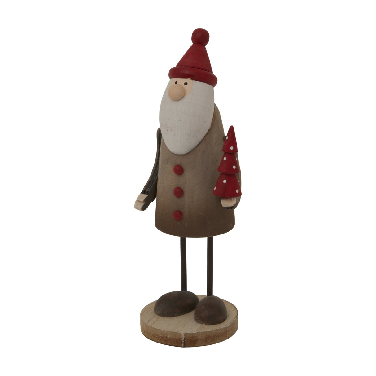 Hill Interiors rustic tall Santa figure in brown with red hat and tree, wooden base and slim metal legs, on a plain white background.