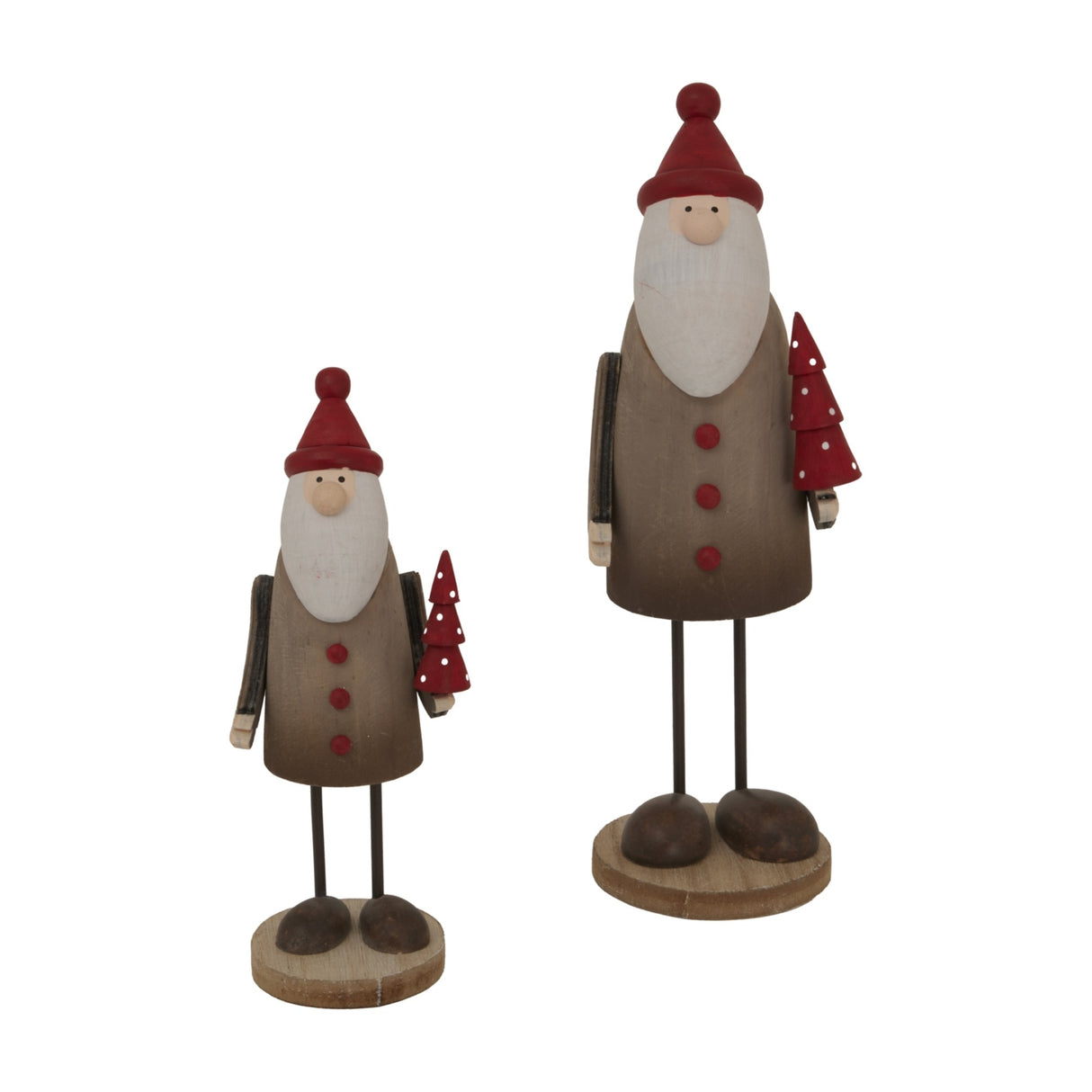 Hill Interiors Large Tall Rustic Santa Figures in brown with red hats and buttons, holding red spotted trees, shown in two sizes on a white background.