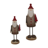 Hill Interiors Large Tall Rustic Santa Figures in brown with red hats and buttons, holding red spotted trees, shown in two sizes on a white background.