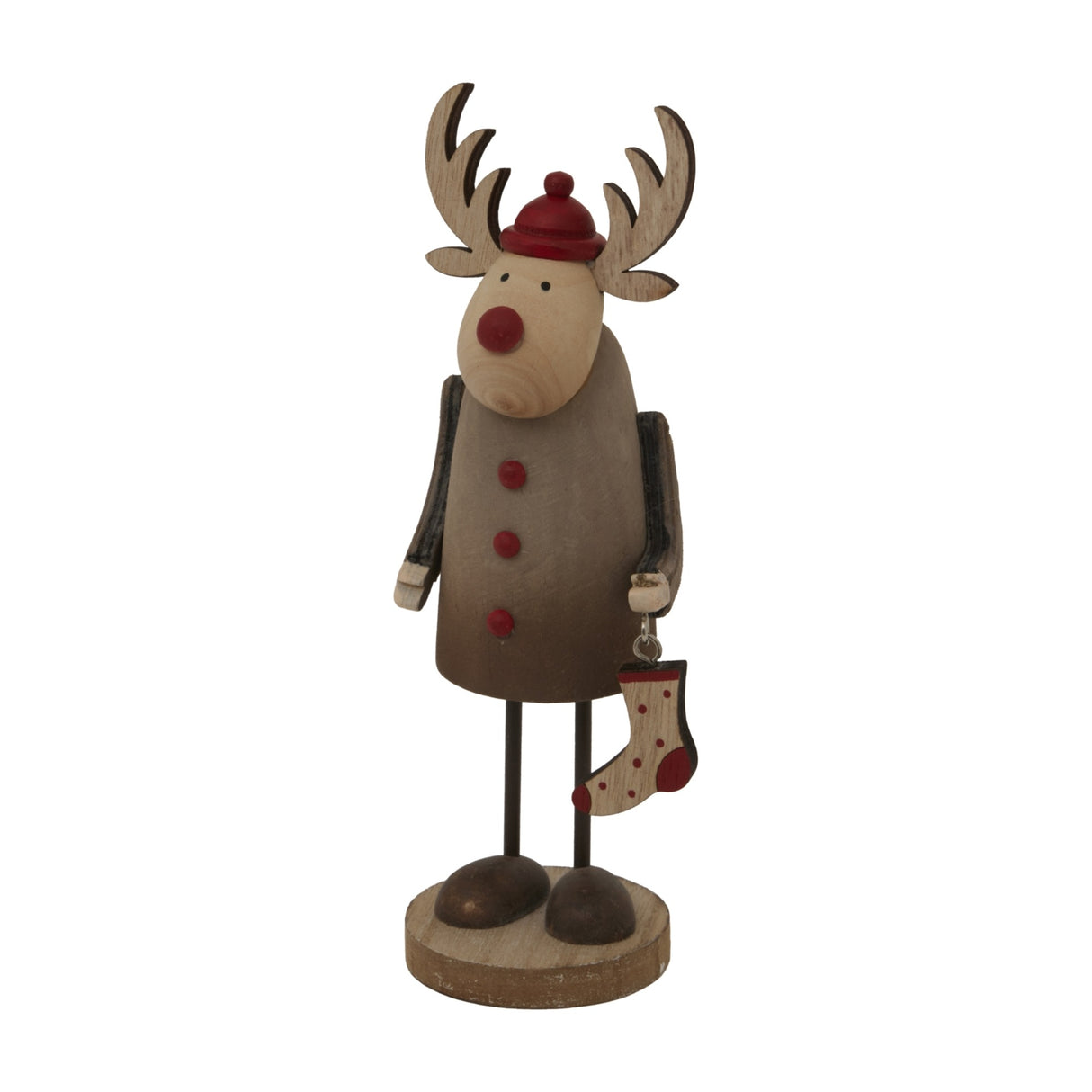Hill Interiors rustic reindeer Christmas decoration in brown with red hat, buttons and hanging stocking, standing on a round base against a white background.