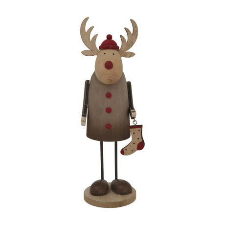 Hill Interiors rustic reindeer Christmas decoration in brown with antlers, red hat, buttons and nose, holding a small spotted stocking on a round base.