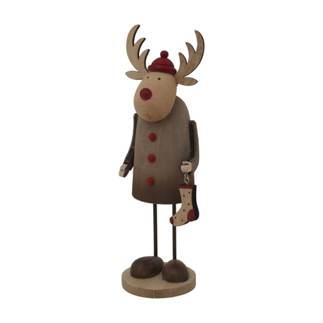 Hill Interiors rustic reindeer Christmas decoration in brown with red hat, nose and buttons, holding a small stocking, on a round wooden base.