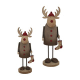 Two Hill Interiors rustic reindeer figures with wooden bodies, antlers, red hats and noses, holding small stockings, shown on a plain white background.