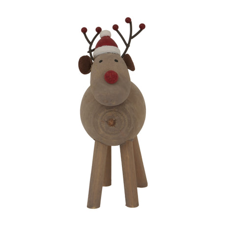 Hill Interiors rustic brown metal Rudolf Reindeer ornament with red nose, Santa hat and twig antlers tipped with red berries, on a white background.