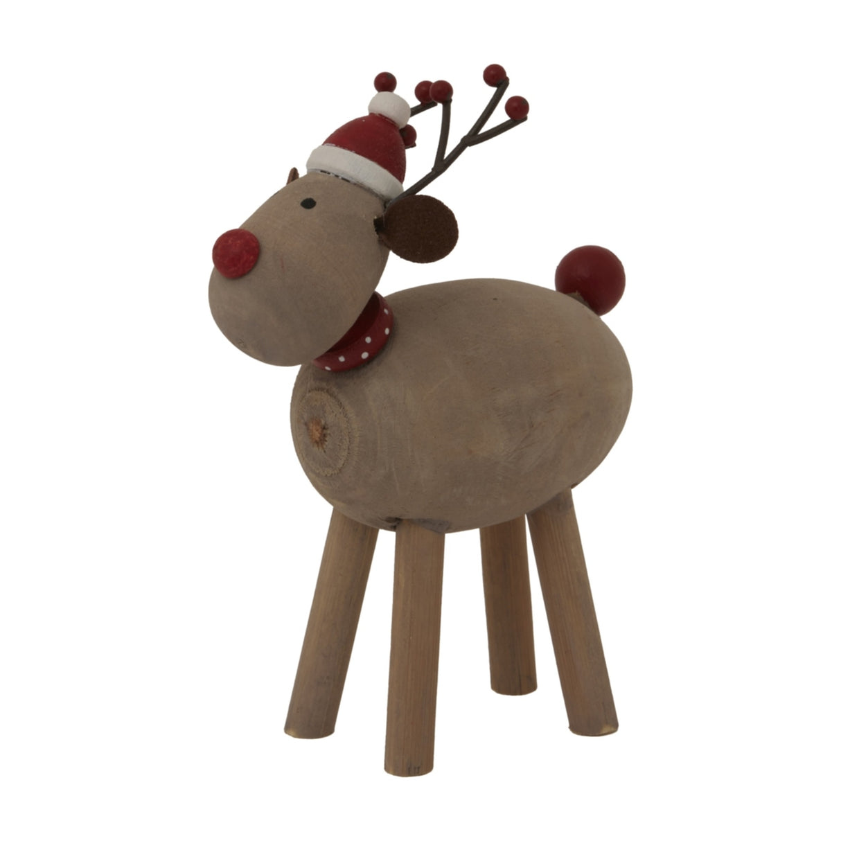 Hill Interiors rustic Rudolf reindeer ornament in brown with red Santa hat, berry antlers, spotted collar and four wooden legs on a white background.