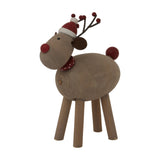 Hill Interiors rustic Rudolf reindeer ornament in brown with red Santa hat, berry antlers, spotted collar and four wooden legs on a white background.
