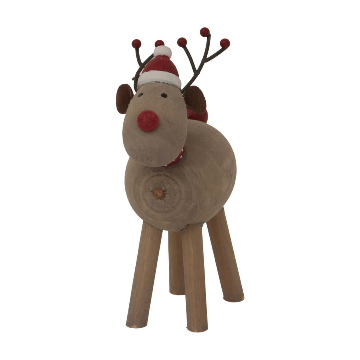 Hill Interiors Rustic Metal Rudolf Reindeer ornament in brown with red nose, Santa hat and branching antlers tipped with red baubles, on a white background.