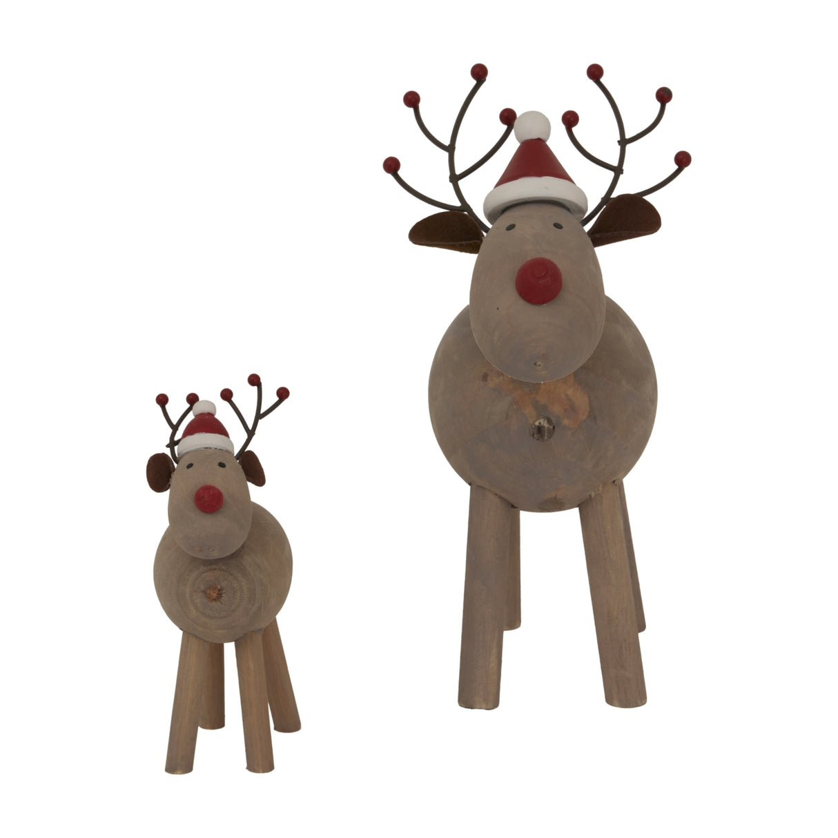 Hill Interiors Rustic Metal Rudolf Reindeer ornaments in brown with red noses, Santa hats and berry-tipped antlers, shown in two sizes on a white background.
